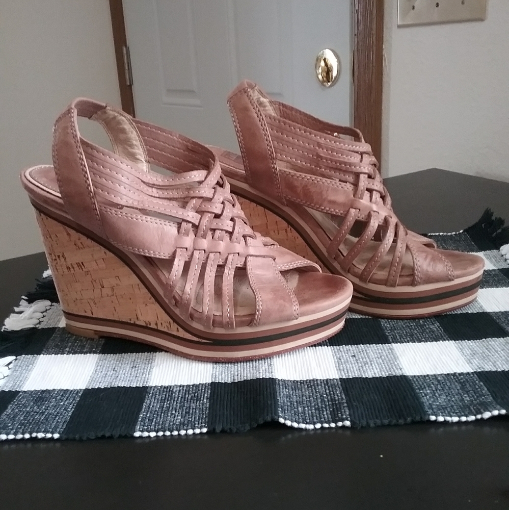 Frye Corrina Woven Tan Open Toe Leather Wedge Sandles Size 9 $248 New